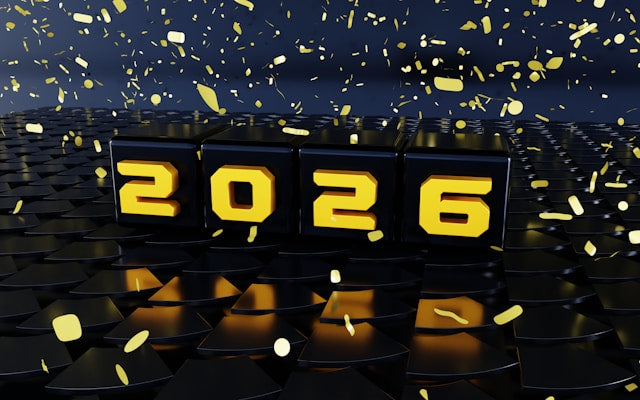 Numărul 2026 format din cuburi negre cu accente aurii, simbolizând un nou ciclu astrologic