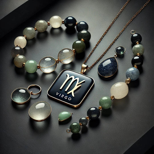 BIJUTERI DIN PIETRE SEMIPREIOASE DE CULOARE VERDE, ABLA TRANSPARENT, SI UN PANDANTIV CU SEMNUL ZODIEI FECIOARA DE CULOARE NEGRU